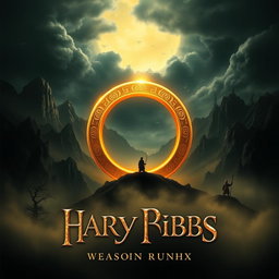 A striking movie poster inspired by a legendary fantasy saga, prominently featuring a large, glowing golden ring at the center, inscribed with intricate elvish symbols, radiating an otherworldly light