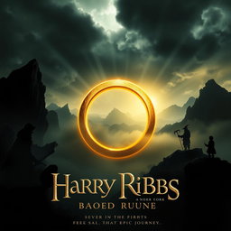 A striking movie poster inspired by a legendary fantasy saga, prominently featuring a large, glowing golden ring at the center, inscribed with intricate elvish symbols, radiating an otherworldly light