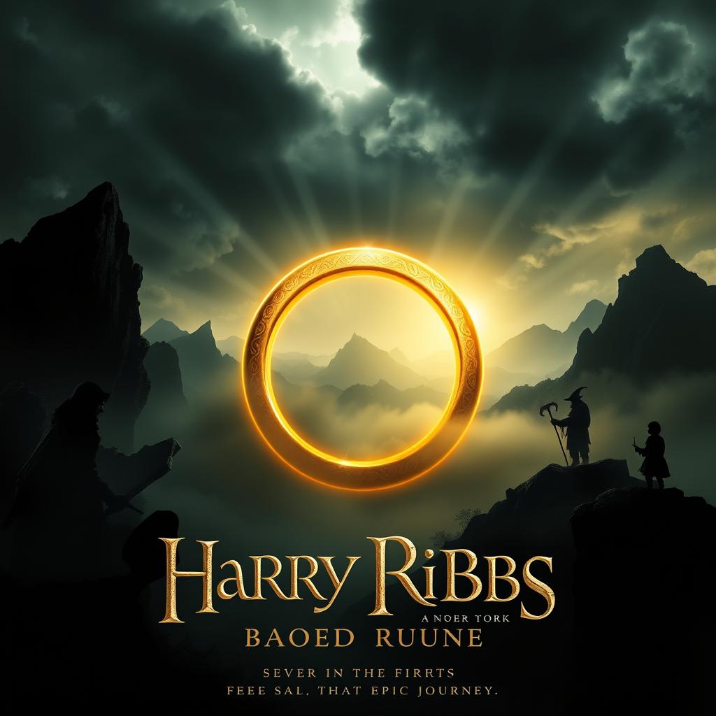 A striking movie poster inspired by a legendary fantasy saga, prominently featuring a large, glowing golden ring at the center, inscribed with intricate elvish symbols, radiating an otherworldly light