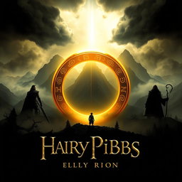 A striking movie poster inspired by a legendary fantasy saga, prominently featuring a large, glowing golden ring at the center, inscribed with intricate elvish symbols, radiating an otherworldly light