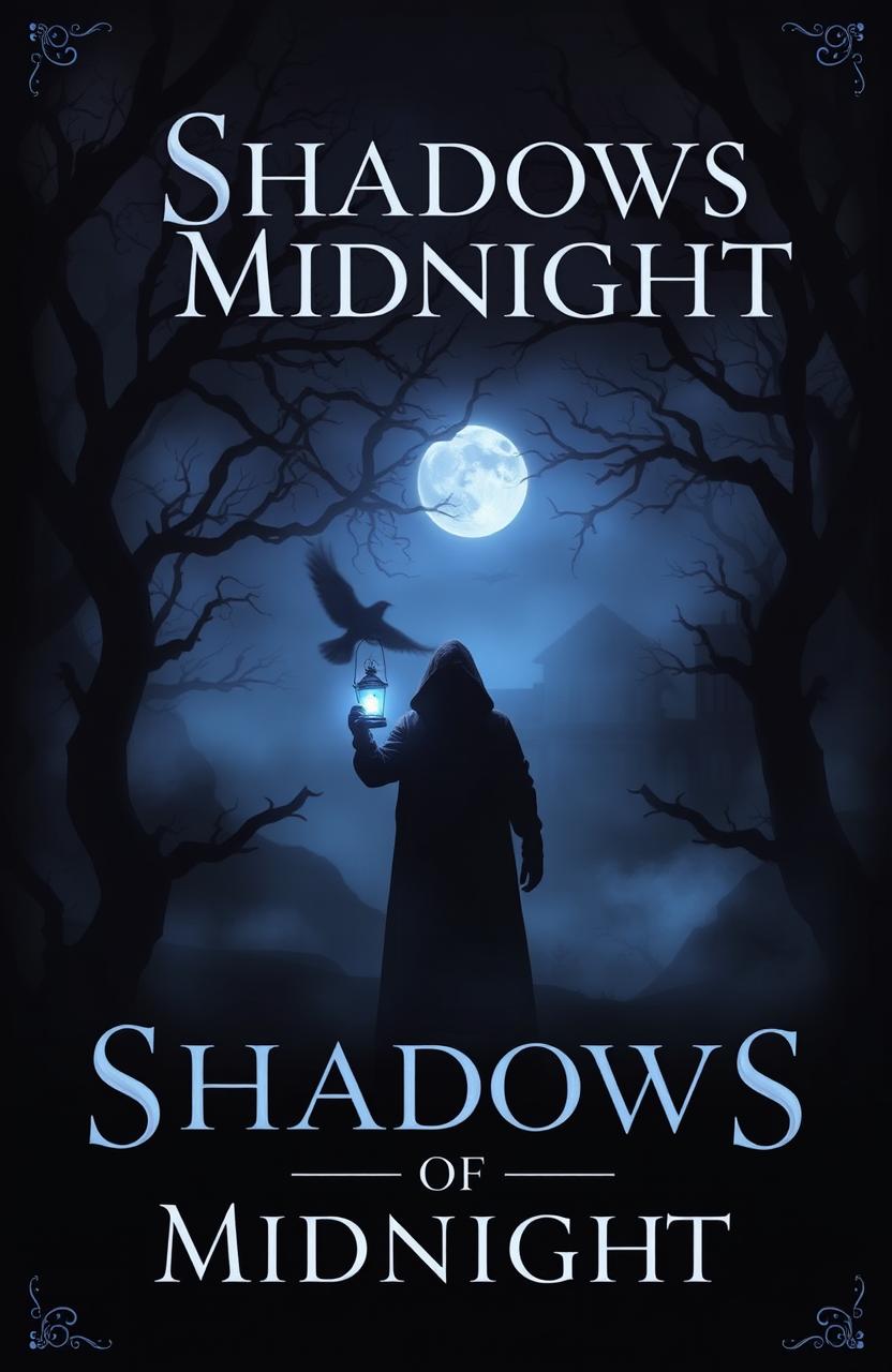 A dark and mysterious book cover for 'Shadows of Midnight