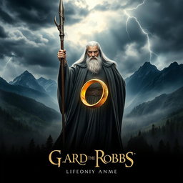 An enchanting movie poster featuring Gandalf the Grey as the central figure, standing boldly with his staff raised high, a powerful expression of wisdom and determination on his face