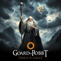 An enchanting movie poster featuring Gandalf the Grey as the central figure, standing boldly with his staff raised high, a powerful expression of wisdom and determination on his face