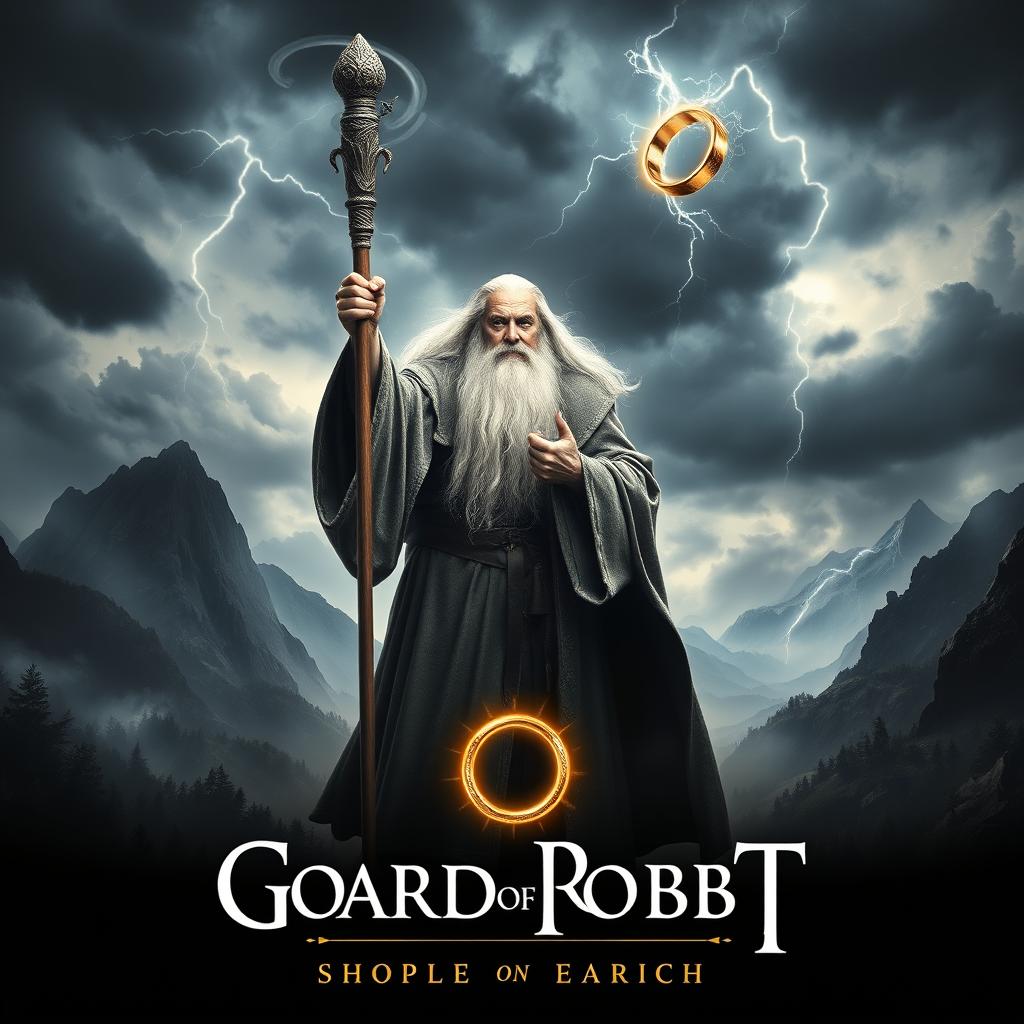 An enchanting movie poster featuring Gandalf the Grey as the central figure, standing boldly with his staff raised high, a powerful expression of wisdom and determination on his face