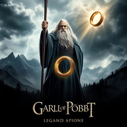 An enchanting movie poster featuring Gandalf the Grey as the central figure, standing boldly with his staff raised high, a powerful expression of wisdom and determination on his face