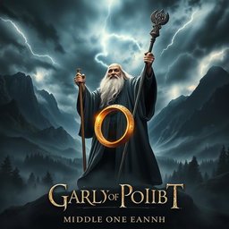 An enchanting movie poster featuring Gandalf the Grey as the central figure, standing boldly with his staff raised high, a powerful expression of wisdom and determination on his face