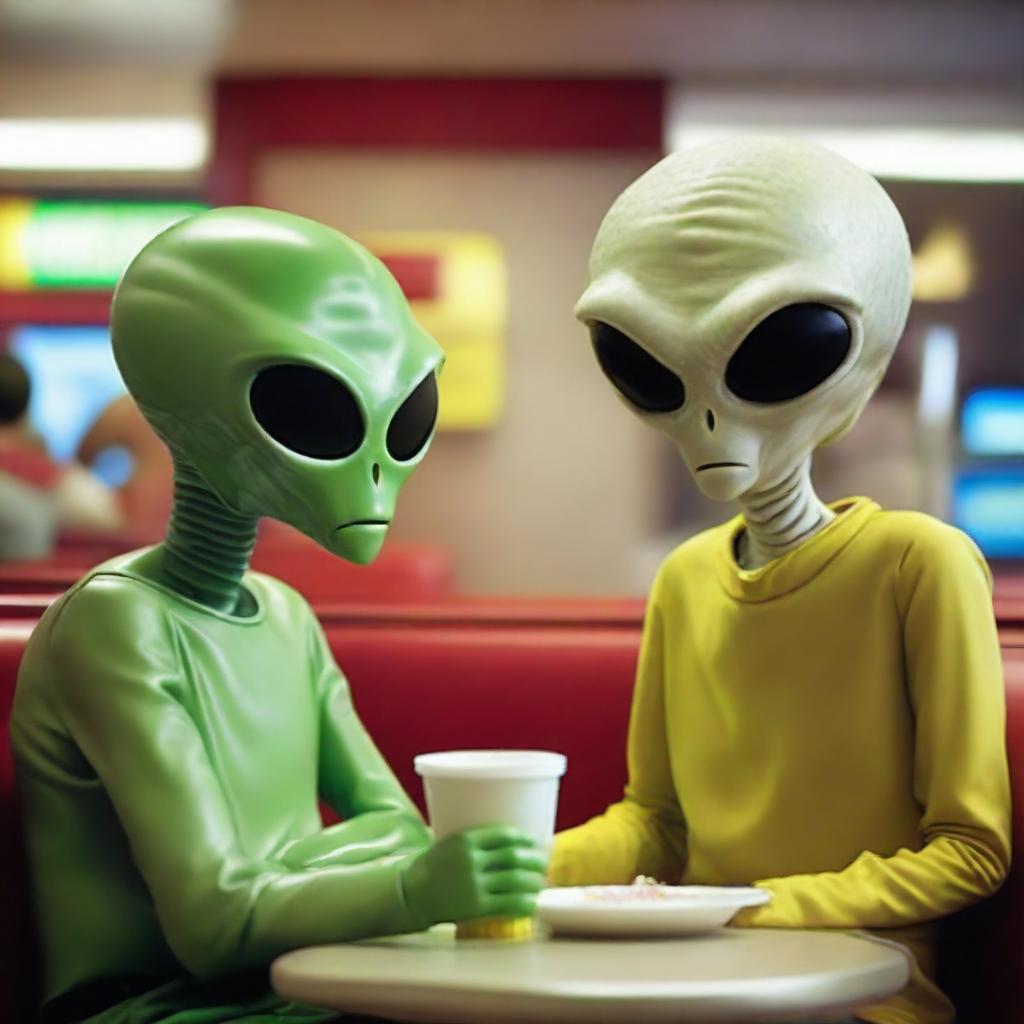 Nearly humanlike extraterrestrial beings dining in McDonald's, their alien origins subtly hinted by a few minor telltale features.