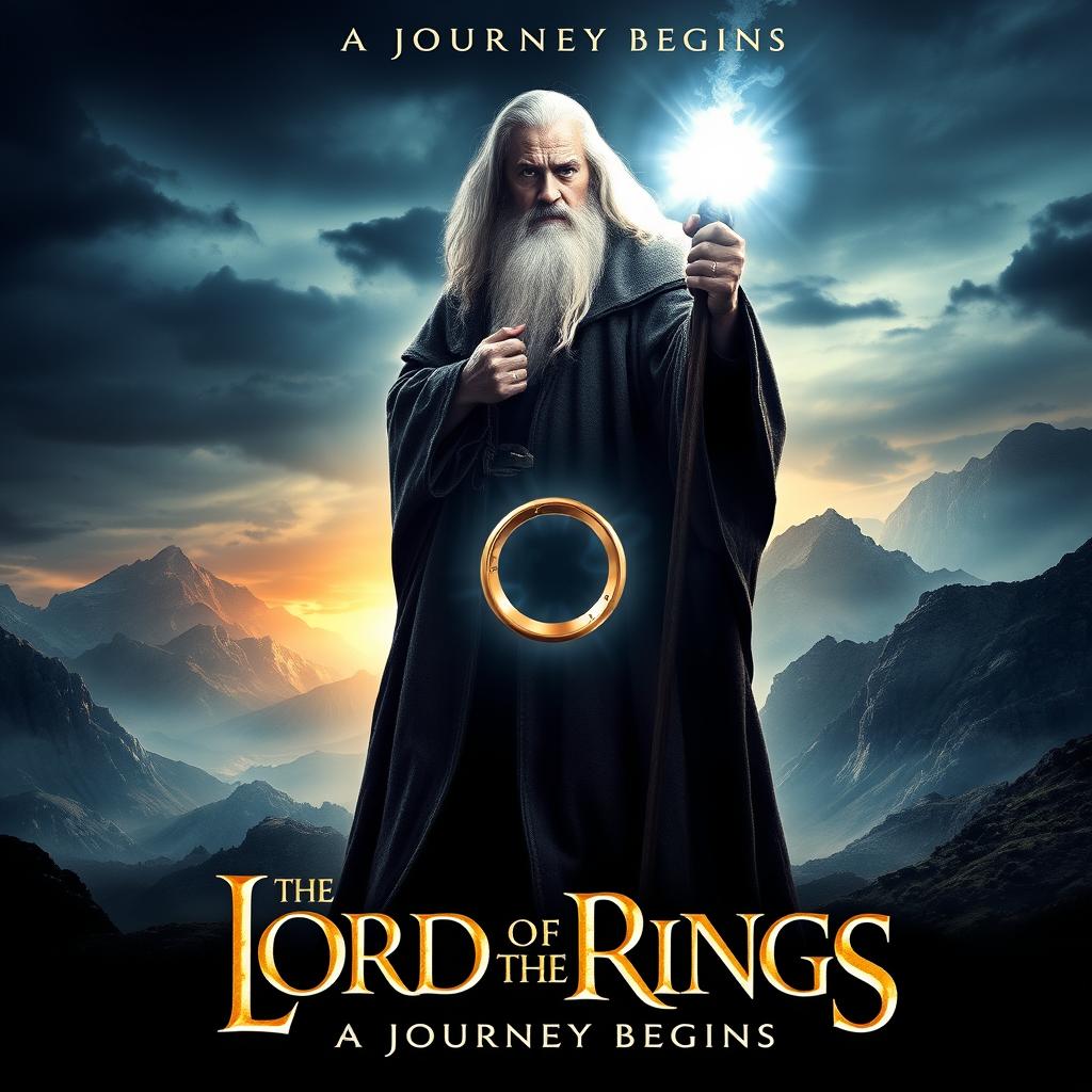 A dramatic movie poster featuring Gandalf from The Lord of the Rings
