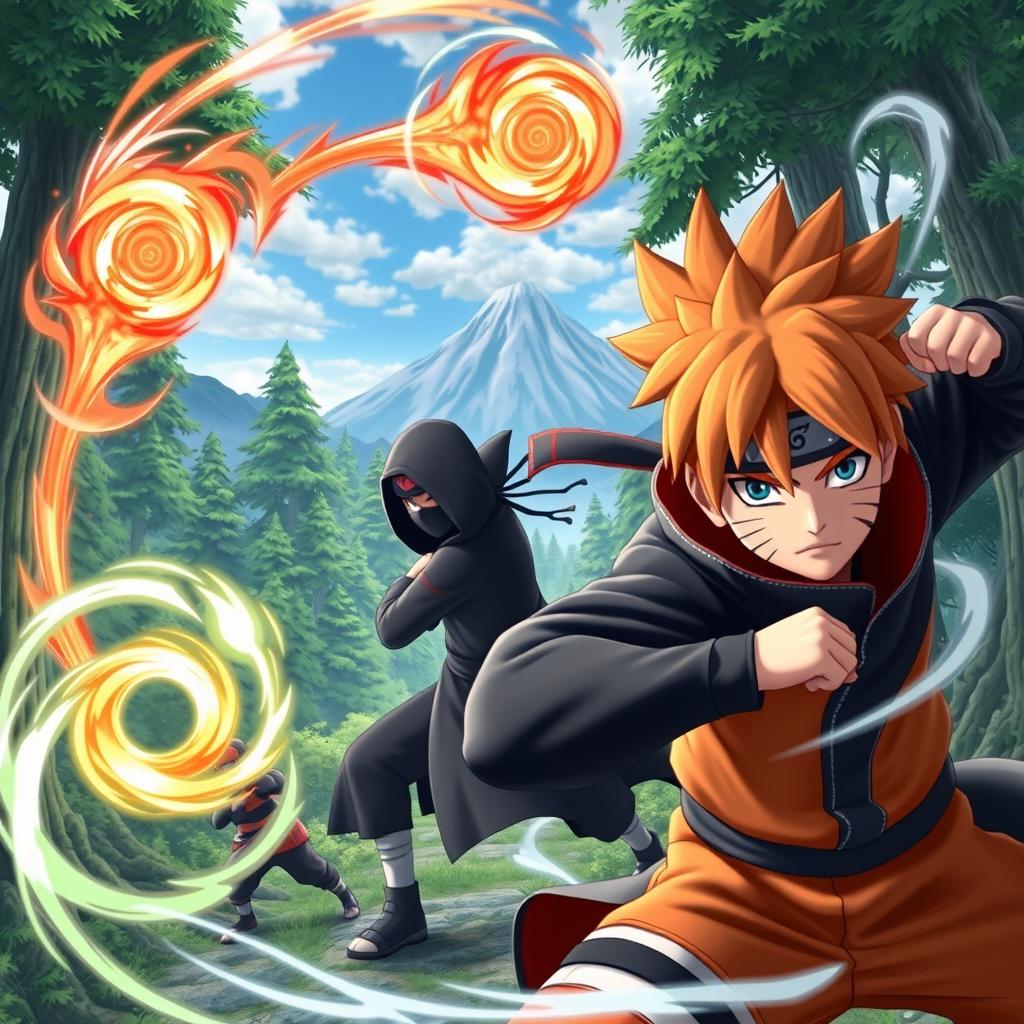 A highly detailed 3D rendering of a Naruto-inspired scene featuring a group of ninjas in dynamic poses, showcasing their unique jutsus