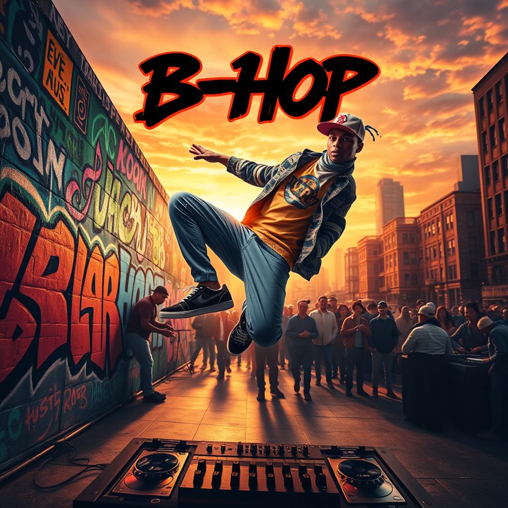 An electrifying movie poster showcasing a dynamic b-boy rapper capturing the essence of urban street culture