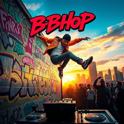 An electrifying movie poster showcasing a dynamic b-boy rapper capturing the essence of urban street culture