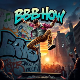 An electrifying movie poster showcasing a dynamic b-boy rapper capturing the essence of urban street culture
