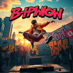 An electrifying movie poster showcasing a dynamic b-boy rapper capturing the essence of urban street culture