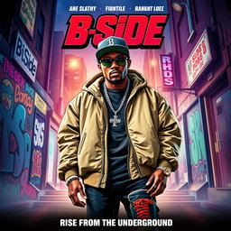 A vibrant and cool movie poster featuring a fictional rapper known as 'B Side'