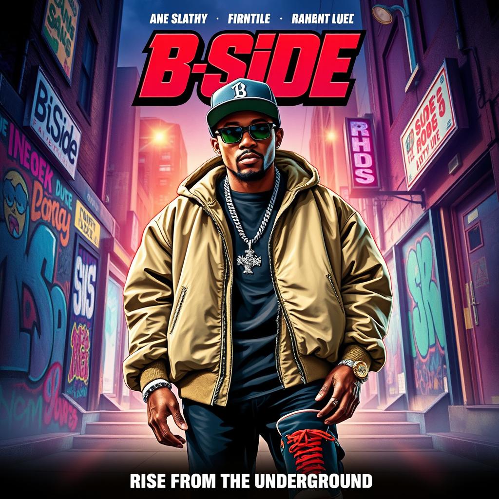 A vibrant and cool movie poster featuring a fictional rapper known as 'B Side'