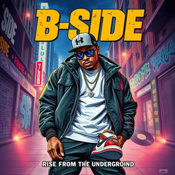A vibrant and cool movie poster featuring a fictional rapper known as 'B Side'