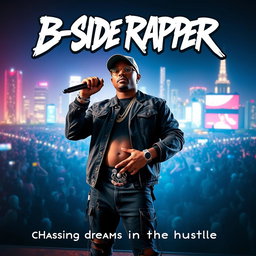 A dynamic and vibrant movie poster for a film about a B-side rapper, showcasing the rapper in a confident pose on stage with a microphone in hand