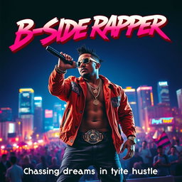 A dynamic and vibrant movie poster for a film about a B-side rapper, showcasing the rapper in a confident pose on stage with a microphone in hand