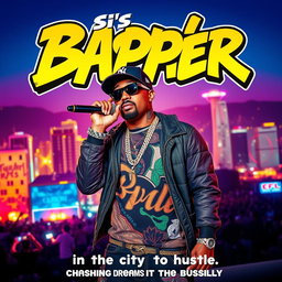 A dynamic and vibrant movie poster for a film about a B-side rapper, showcasing the rapper in a confident pose on stage with a microphone in hand