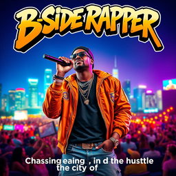 A dynamic and vibrant movie poster for a film about a B-side rapper, showcasing the rapper in a confident pose on stage with a microphone in hand