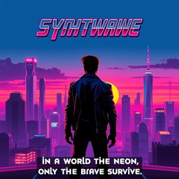 A stylish and retro synthwave movie poster featuring a futuristic city at sunset, with neon lights illuminating the skyline