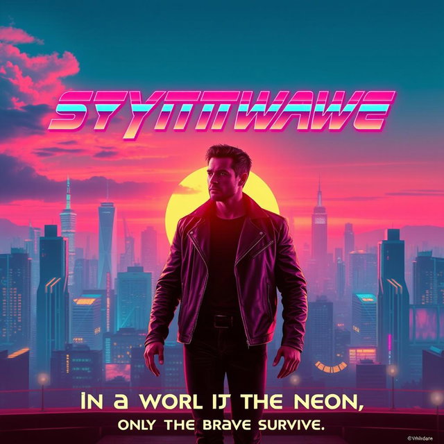 A stylish and retro synthwave movie poster featuring a futuristic city at sunset, with neon lights illuminating the skyline
