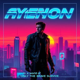 A stylish and retro synthwave movie poster featuring a futuristic city at sunset, with neon lights illuminating the skyline