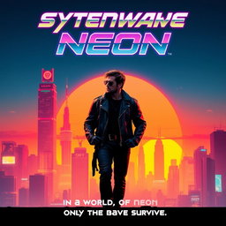 A stylish and retro synthwave movie poster featuring a futuristic city at sunset, with neon lights illuminating the skyline