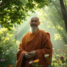 A beautiful and venerable Arahant emerging from the depths of a lush, sun-dappled forest, surrounded by vibrant green trees and wildflowers