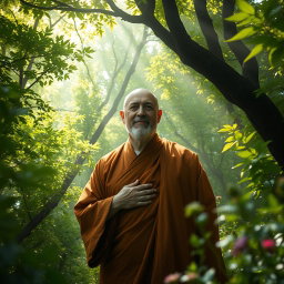 A beautiful and venerable Arahant emerging from the depths of a lush, sun-dappled forest, surrounded by vibrant green trees and wildflowers
