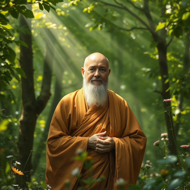 A beautiful and venerable Arahant emerging from the depths of a lush, sun-dappled forest, surrounded by vibrant green trees and wildflowers