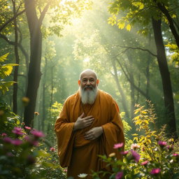 A beautiful and venerable Arahant emerging from the depths of a lush, sun-dappled forest, surrounded by vibrant green trees and wildflowers