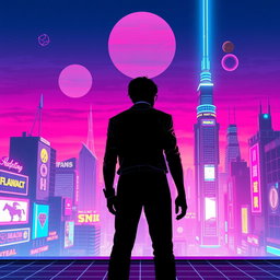 A visually stunning synthwave movie poster featuring a vibrant retro-futuristic cityscape at dusk, with neon lights reflecting off sleek buildings
