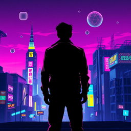 A visually stunning synthwave movie poster featuring a vibrant retro-futuristic cityscape at dusk, with neon lights reflecting off sleek buildings