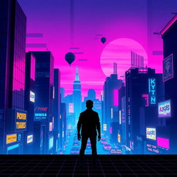 A visually stunning synthwave movie poster featuring a vibrant retro-futuristic cityscape at dusk, with neon lights reflecting off sleek buildings