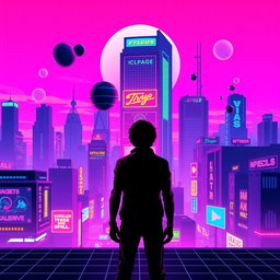 A visually stunning synthwave movie poster featuring a vibrant retro-futuristic cityscape at dusk, with neon lights reflecting off sleek buildings