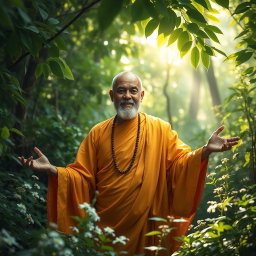A beautiful and venerable thero emerging from the heart of a lush, serene forest, surrounded by verdant greenery and delicate flowers