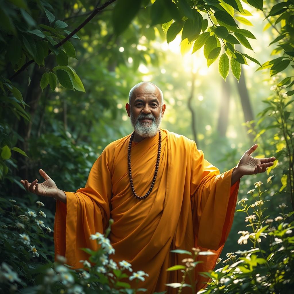 A beautiful and venerable thero emerging from the heart of a lush, serene forest, surrounded by verdant greenery and delicate flowers