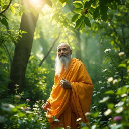 A beautiful and venerable thero emerging from the heart of a lush, serene forest, surrounded by verdant greenery and delicate flowers