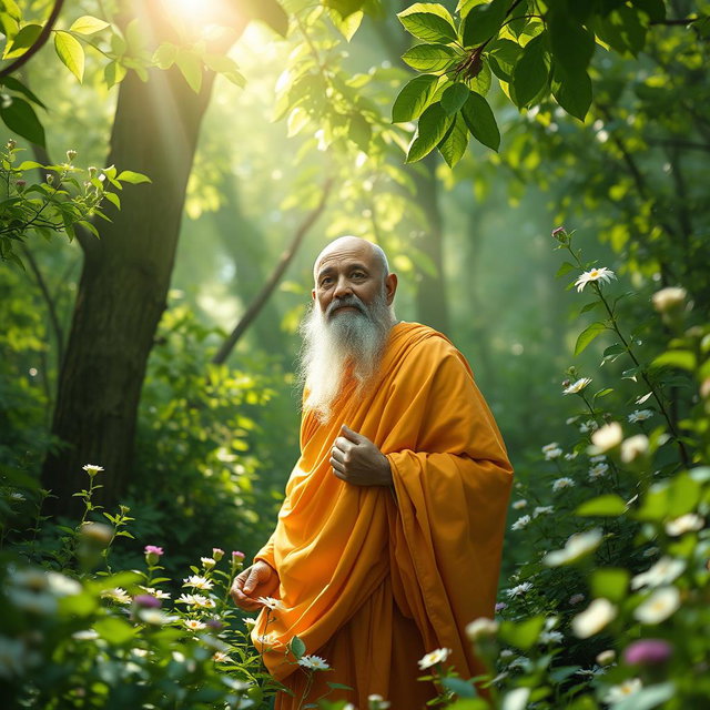 A beautiful and venerable thero emerging from the heart of a lush, serene forest, surrounded by verdant greenery and delicate flowers