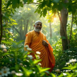 A beautiful and venerable thero emerging from the heart of a lush, serene forest, surrounded by verdant greenery and delicate flowers