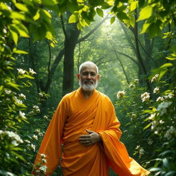 A beautiful and venerable thero emerging from the heart of a lush, serene forest, surrounded by verdant greenery and delicate flowers
