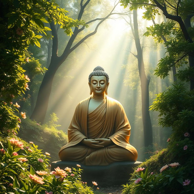 A beautiful depiction of the Buddha emerging from the center of a tranquil forest, surrounded by lush greenery and colorful blossoms