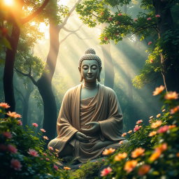 A beautiful depiction of the Buddha emerging from the center of a tranquil forest, surrounded by lush greenery and colorful blossoms