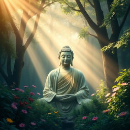 A beautiful depiction of the Buddha emerging from the center of a tranquil forest, surrounded by lush greenery and colorful blossoms