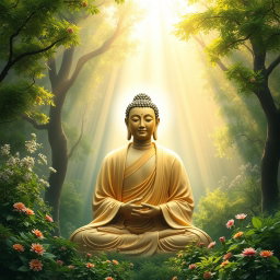 A beautiful depiction of the Buddha emerging from the center of a tranquil forest, surrounded by lush greenery and colorful blossoms