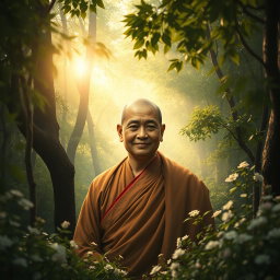 A beautiful depiction of Sariputhra Maha Rahathan Wahanse emerging from the center of a serene forest, surrounded by lush greenery and delicate flowers