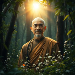 A beautiful depiction of Sariputhra Maha Rahathan Wahanse emerging from the center of a serene forest, surrounded by lush greenery and delicate flowers