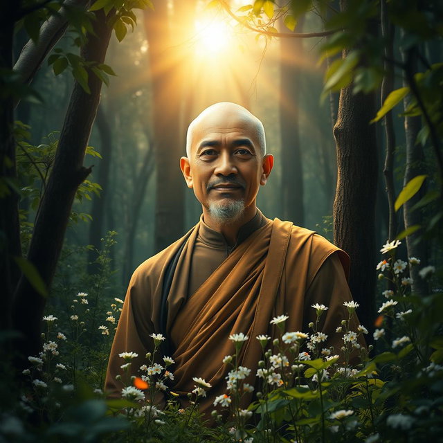 A beautiful depiction of Sariputhra Maha Rahathan Wahanse emerging from the center of a serene forest, surrounded by lush greenery and delicate flowers