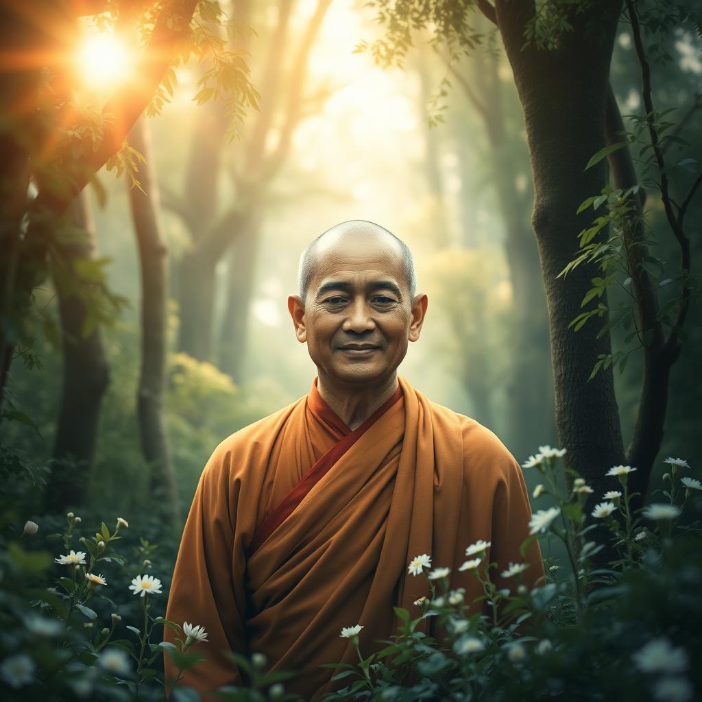 A beautiful depiction of Sariputhra Maha Rahathan Wahanse emerging from the center of a serene forest, surrounded by lush greenery and delicate flowers